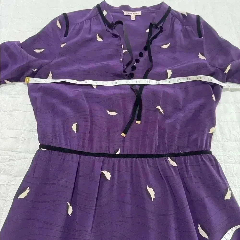 Juicy Couture Women’s Long Sleeve 100% Silk Purple Dress Feather Trimmed Sz 8 - Picture 7 of 8
